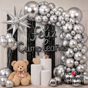SET DE GLOBOS ARCO XL FELIZ CUMPLEA�OS PLATA Y NEGRO (GY 7833) 70 UNIDADES